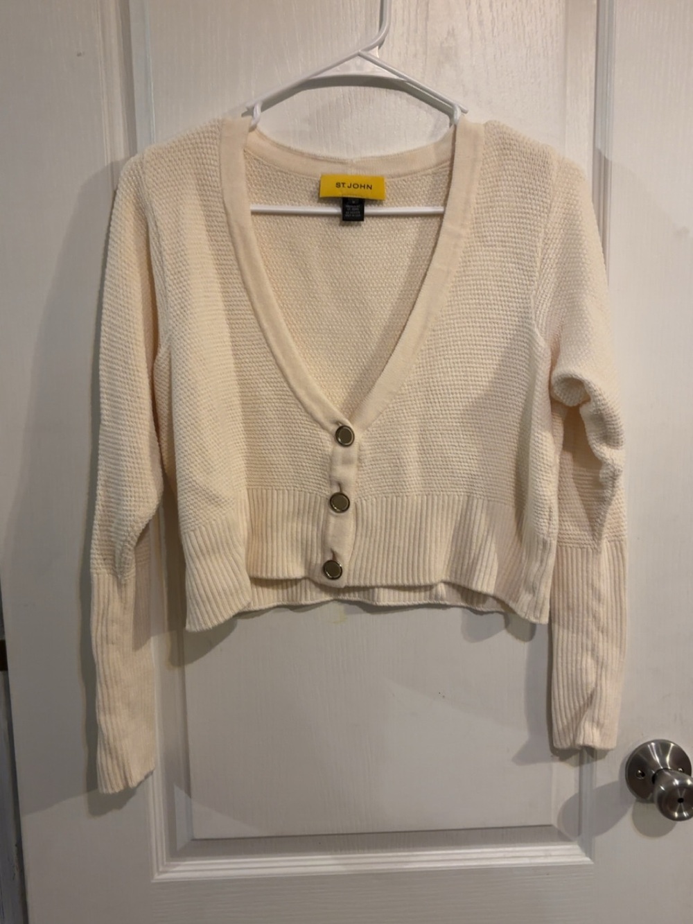 ST. JOHN Women's V Neck Long Sleeve Cardigan Ivory Crop Sweater Medium